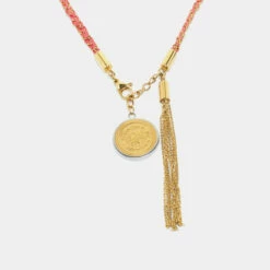 Carolina Herrera Gold Tone Braided Medallion Pendant Tassle Necklace Women - Red