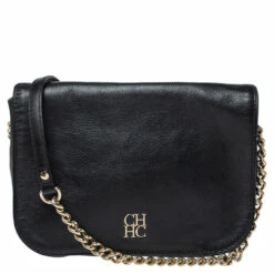 Carolina Herrera Black Leather Flap Shoulder Bag Women