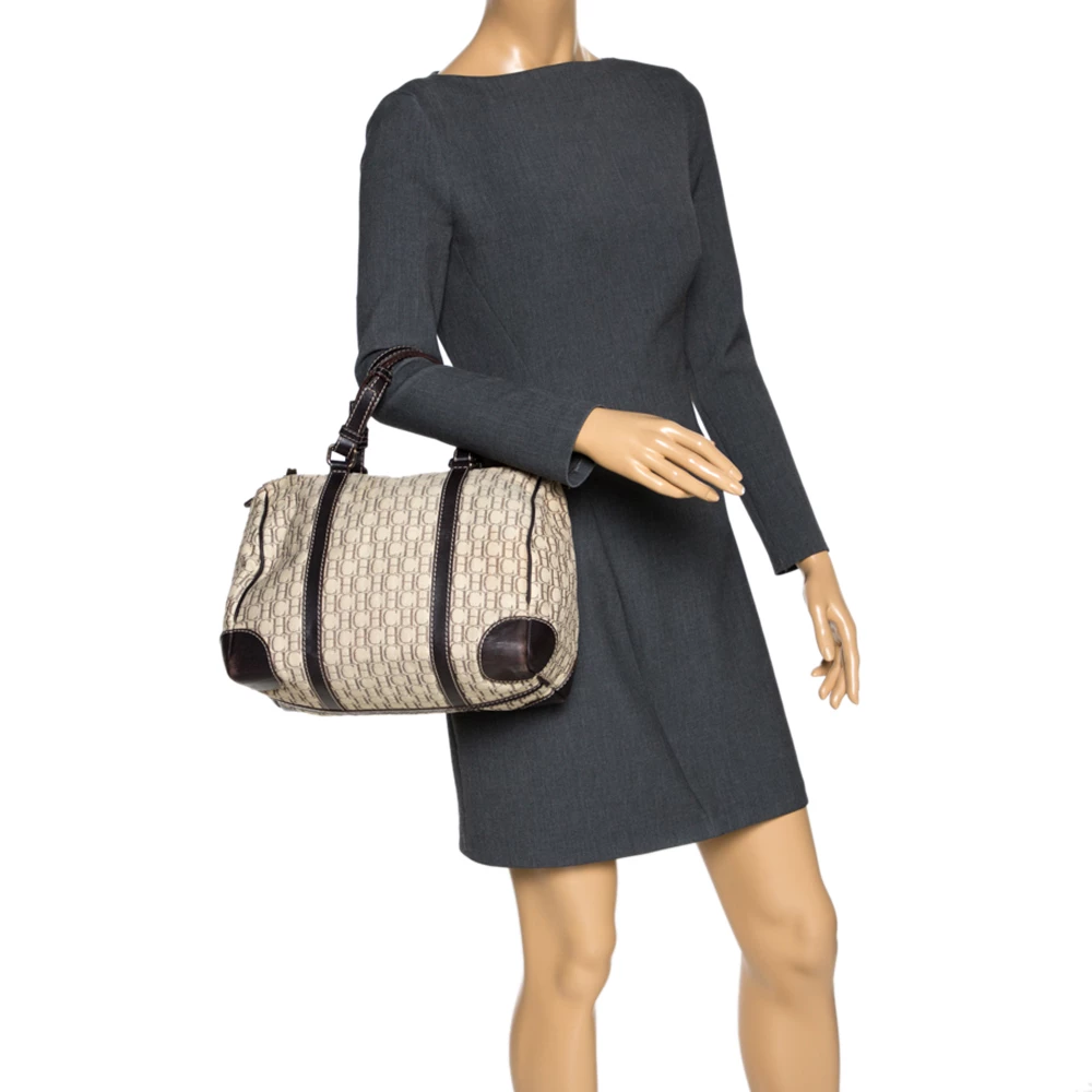 Carolina Herrera Beige/Brown Monogram Canvas and Leather Andy Boston Bag Women