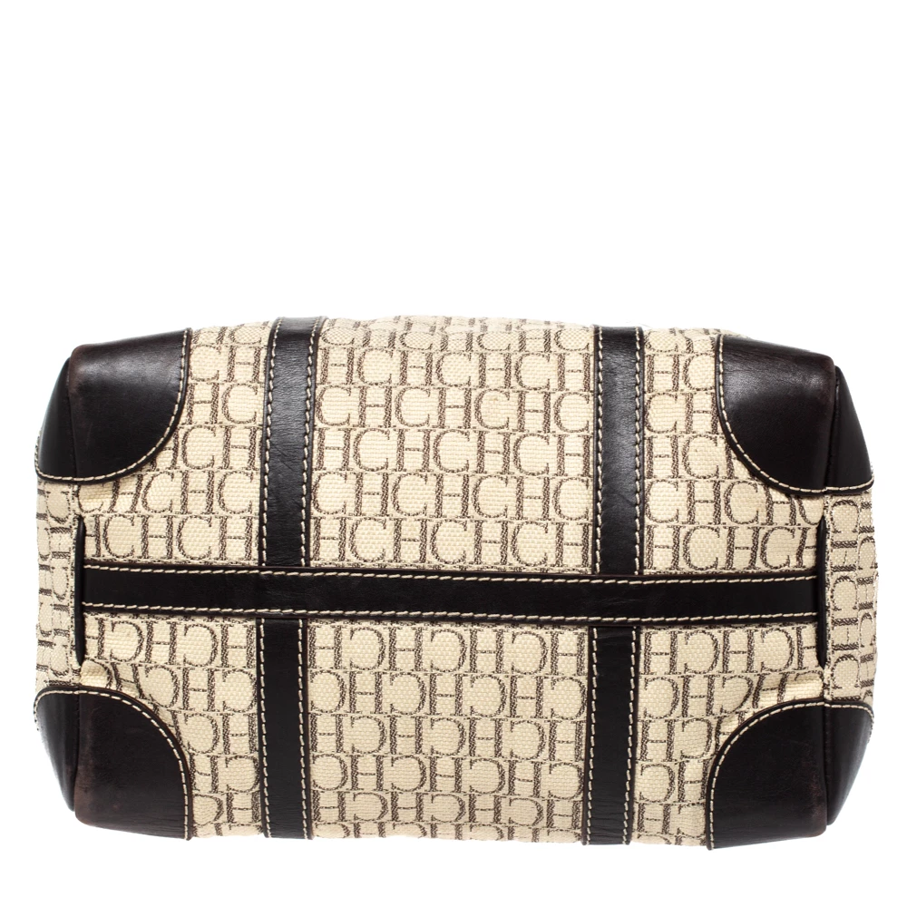 Carolina Herrera Beige/Brown Monogram Canvas and Leather Andy Boston Bag Women