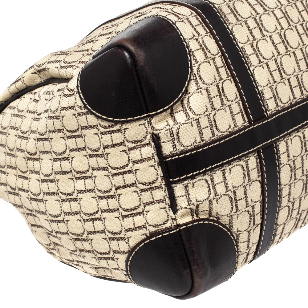 Carolina Herrera Beige/Brown Monogram Canvas and Leather Andy Boston Bag Women