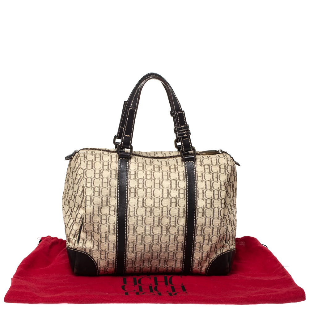 Carolina Herrera Beige/Brown Monogram Canvas and Leather Andy Boston Bag Women