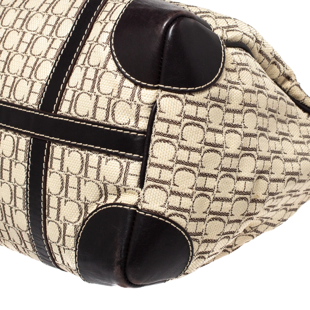 Carolina Herrera Beige/Brown Monogram Canvas and Leather Andy Boston Bag Women