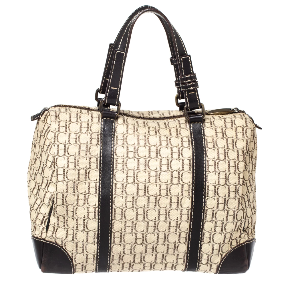 Carolina Herrera Beige/Brown Monogram Canvas and Leather Andy Boston Bag Women