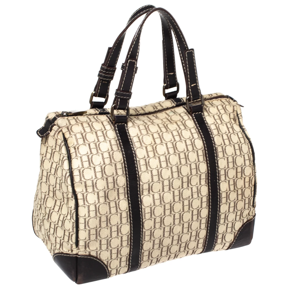 Carolina Herrera Beige/Brown Monogram Canvas and Leather Andy Boston Bag Women