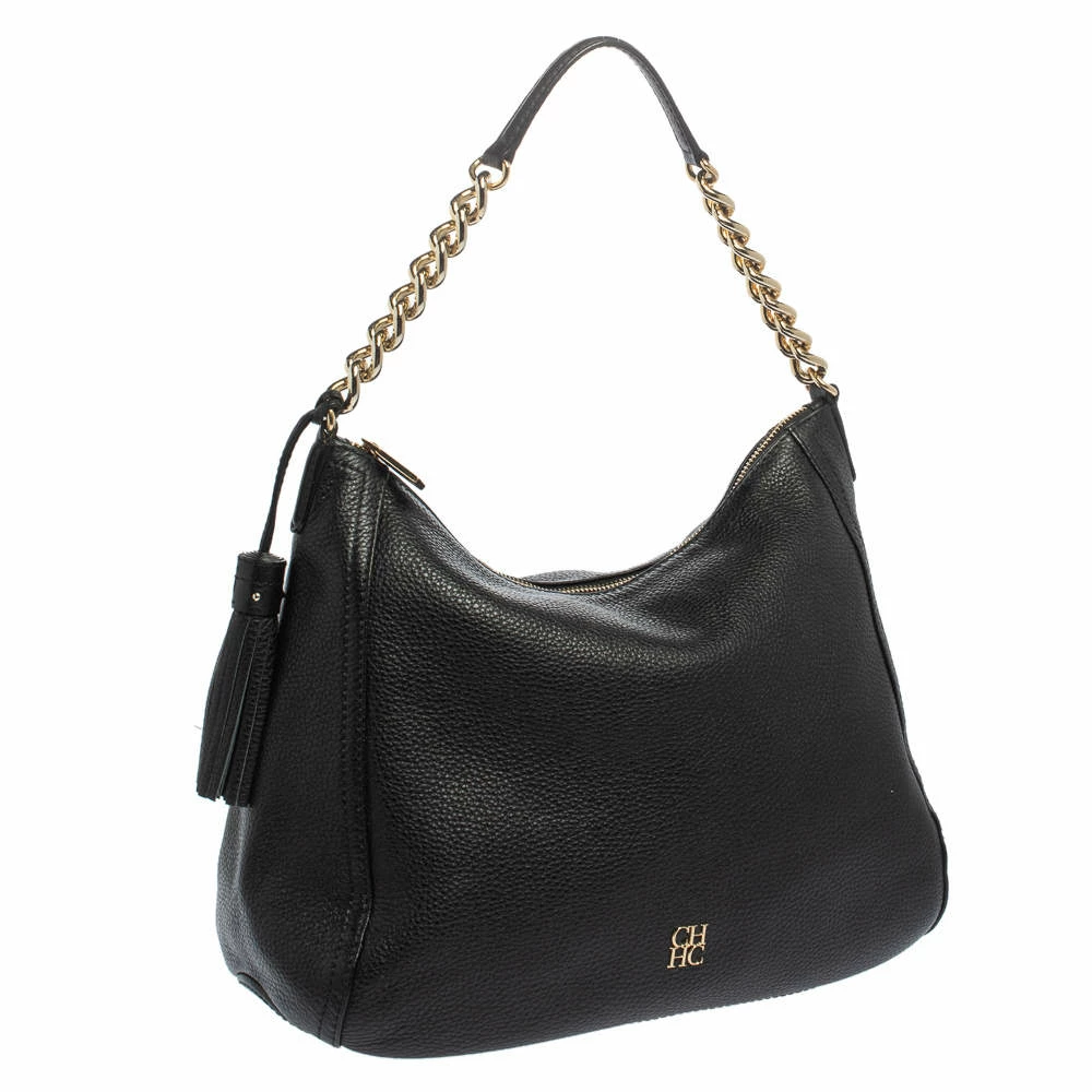 Carolina Herrera Black Pebbled Leather Hobo Women