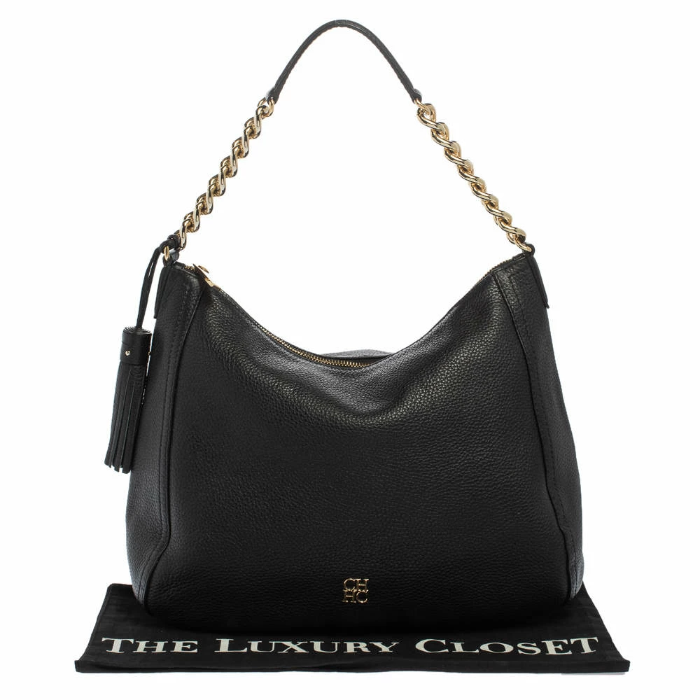 Carolina Herrera Black Pebbled Leather Hobo Women