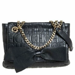 Carolina Herrera Black Monogram Leather Audrey Shoulder Bag Women