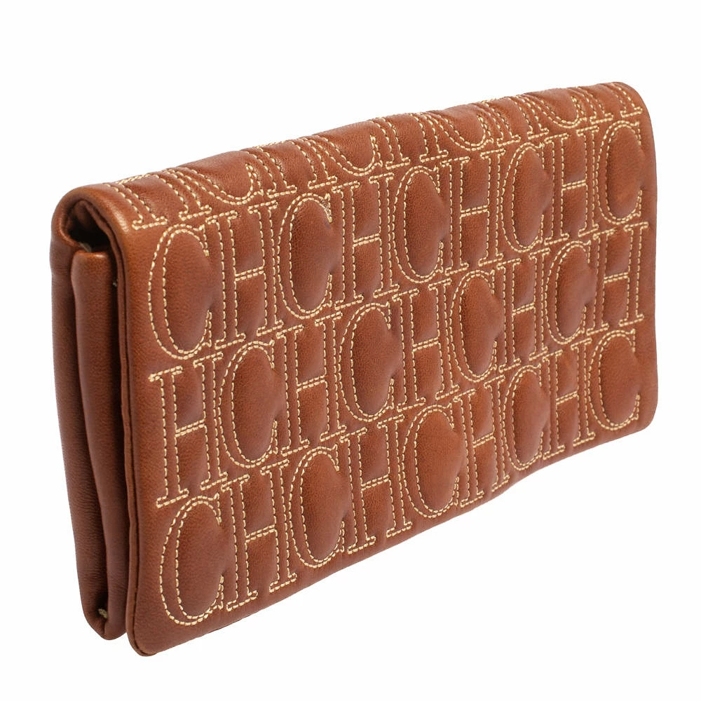Carolina Herrera Brown Monogram Leather Clutch Women
