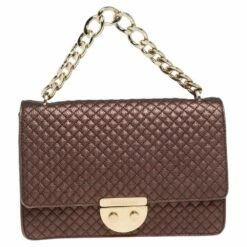 Carolina Herrera Metallic Brown Quilted Leather Flap Convertible Shoulder Bag Women