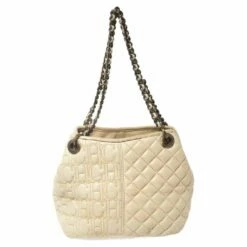 Carolina Herrera Cream White Quilted Monogram Leather Chain Tote Women