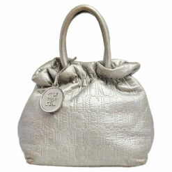 Carolina Herrera Metallic Grey Monogram Leather Bucket Bag Women