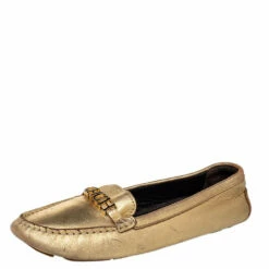 Carolina Herrera Gold Leather Logo Detail Slip On Loafers Size 38 Women