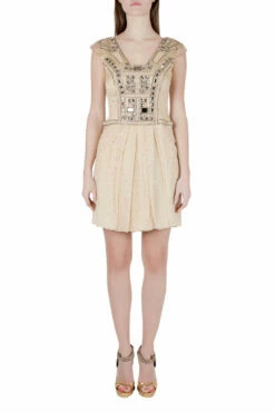 Carolina Herrera Carolina Herera Beige Plisse Crepe Embellished Tulle Cap Sleeve Dress S Women